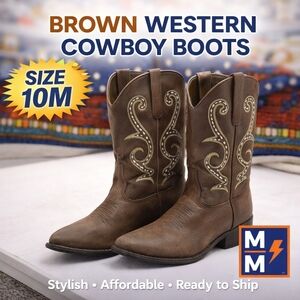 Brown Western Cowboy Boots Size 10M | Embroidered | Classic Country Style | Read
